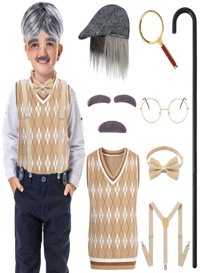 RAAIBB زيّ رجل عجوز للأطفال من RAAIBB، مناسب للأولاد من عمر 3 إلى 10 سنوات، زيّ "100 يوم دراسي"، زيّ جدّ للأطفال للهالوين (بني) RA061L - Image 1